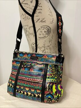 Sakroots Artist Circle Crossbody Bag in One World Black Neon Multi